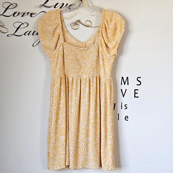 Pink Rose Peasant Mini Dress Small Yellow Daisy Print Cottagecore Prariecore - Picture 2 of 16